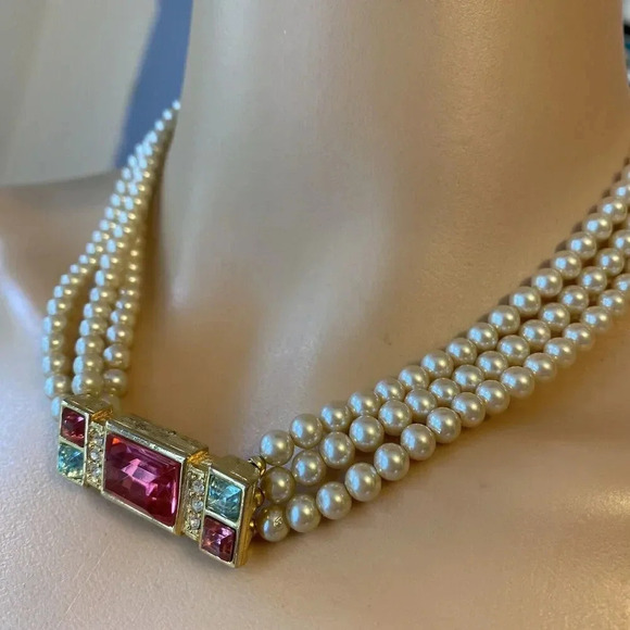VTG 3 Strand Faux Pearl Gemstone Choker Necklace Party Formal Wedding Princess - Picture 9 of 12